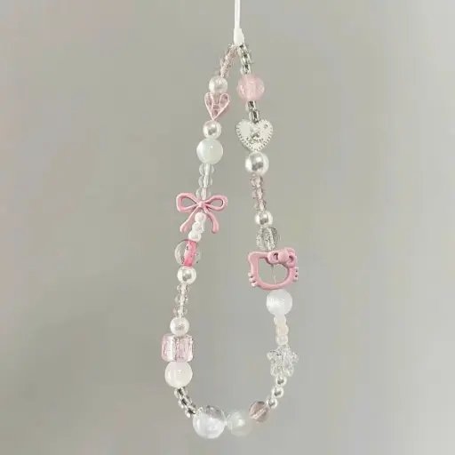 [P0185] Dây đeo điện thoại hello kitty cườm màu hồng